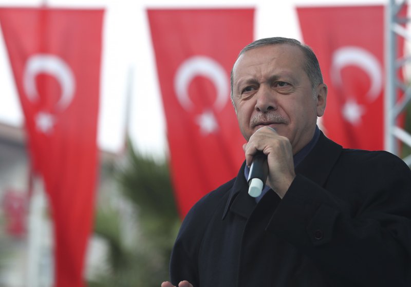 Turkish President Recep Tayyip Erdogan, delivers a speech at supporters in Istanbul on Sunday. (Presidential Press Service via AP, Pool)