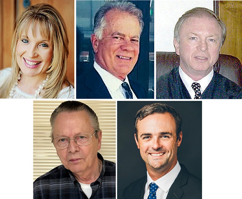 Bentonville mayoral candidates Stephanie Orman (top row, from left), Terry Shannon, John Skaggs, Charlie Turner (bottom row, left) and Jim Webb. 