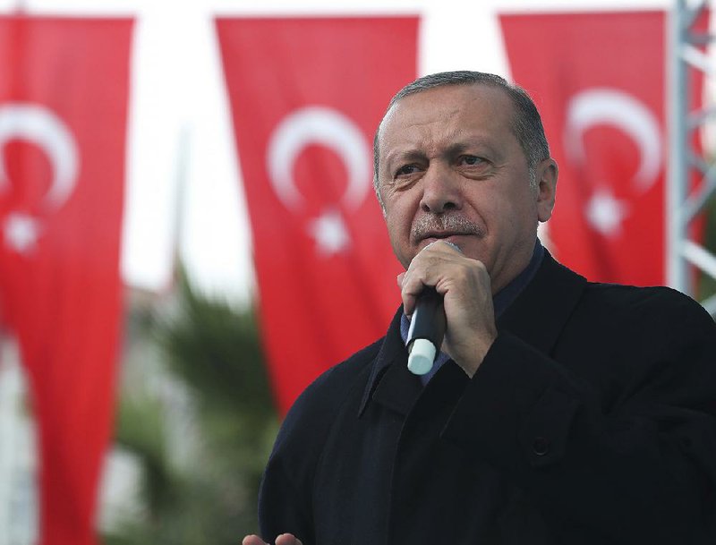 Turkish President Recep Tayyip Erdogan speaks to supporters Sun- day in Istanbul. Erdogan said he will announce Tuesday details of the Turkish investigation into the death of Saudi writer Jamal Khashoggi. 