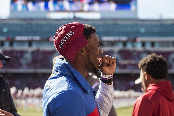 Hawgs Illustrated/BEN GOFF 
Kelly Bryant, former Clemson quarterback, makes an official visit during the Arkansas vs Tulsa game Saturday, Oct. 20, 2018, at Reynolds Razorback Stadium in Fayetteville. 