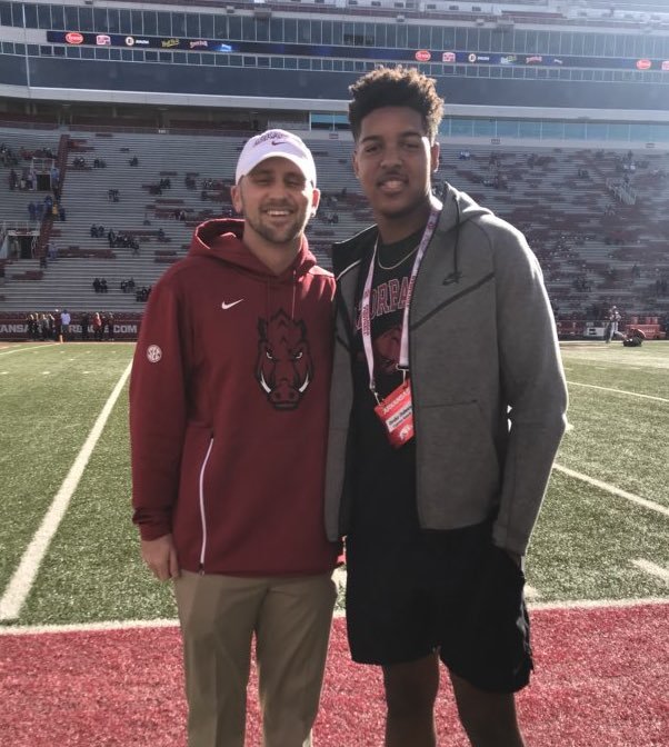 Arkansas offensive analyst Will Bryant and 2020 TE Drake Dabney.  
