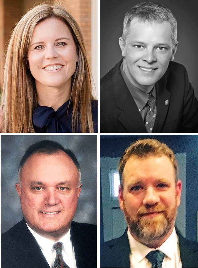 Mandy McDonald Brashear (top left) Clint Hopper, Rick Stocker (bottom left) and Shawn Wright are running for the Rogers City Council Ward 1, Position 1 seat.