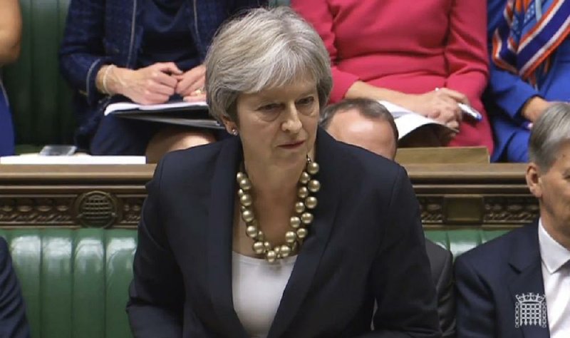 British Prime Minister Theresa May makes a statement to the House of Commons on Monday in this image taken from Parliament TV.