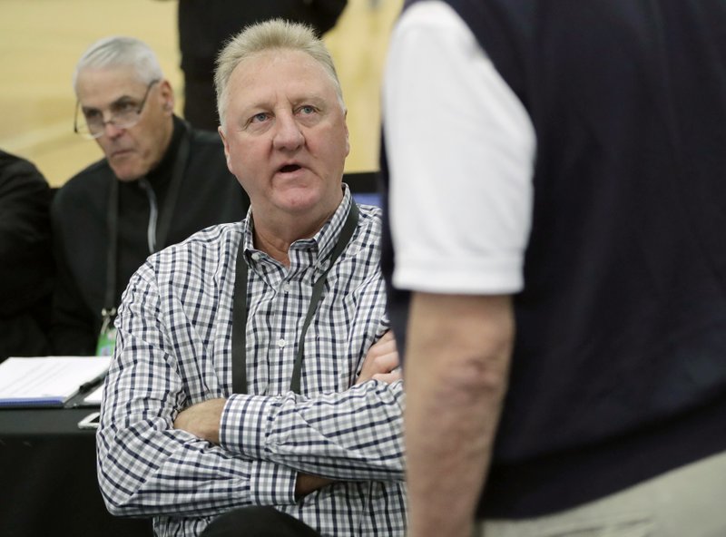 FILE - In this May 17, 2018, file photo, basketball Hall of Famer Larry Bird attends the NBA draft combine in Chicago. A museum is being planned to tell the story of Bird, an Indiana native. Indiana Gov. Eric Holcomb announced Saturday, Oct. 20, 2018, that the museum will be located in a new convention center that's being built in Terre Haute in western Indiana. (AP Photo/Charles Rex Arbogast, File)