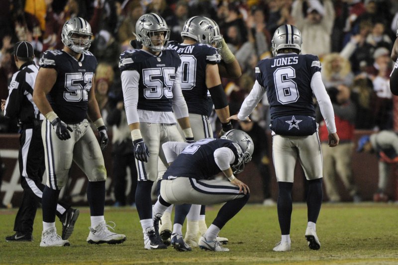 The Associated Press SEARCHING FOR MAHER: Dallas kicker Brett Maher (2) reacts Sunday after missing a field goal in the closing seconds of the Cowboys' 20-17 loss to the Washington Redskins in Landover, Md.