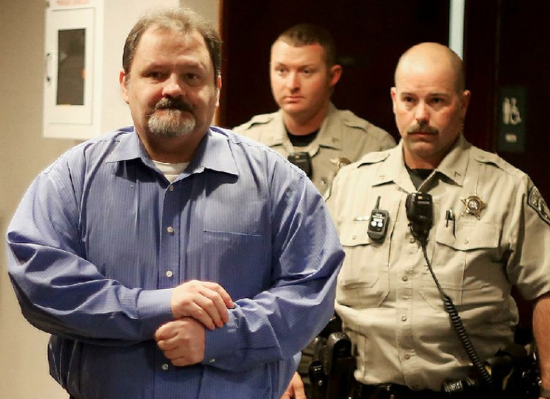 Mark Edward Chumley is escorted Monday into the courtroom at the Washington County Courthouse in Fayetteville. Chumley, who was found guilty of capital murder Friday for the torture and brutal killing of a Fayetteville woman in 2015, was sentenced to life in prison. 
