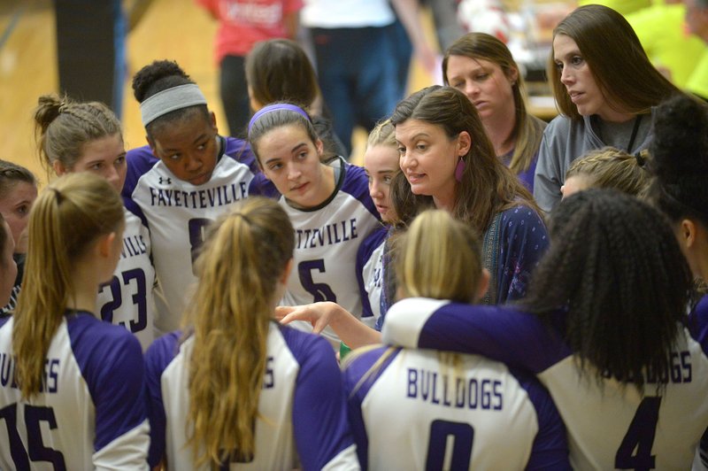 NWA Democrat-Gazette/ANDY SHUPE Fayetteville coach Jessica Phelan speaks to her team during play against Fort Smith Northside Tuesday, Oct. 23, 2018, in the first round of the Class 6A State Volleyball Tournament in Tiger Arena in Bentonville. Visit nwadg.com/photos to see more photographs from the match.