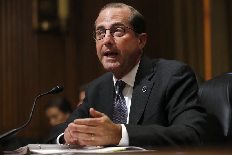 In this June 26, 2018 file photo, Health and Human Services Secretary Alex Azar speaks during a Senate Finance Committee hearing on Capitol Hill in Washington. Azar says the number of drug overdose deaths has begun to level off after years of relentless increases driven by the opioid epidemic. (AP Photo/Jacquelyn Martin)