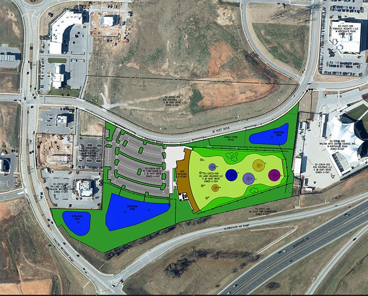 Courtesy Photo/Rogers Planning Department Site plans show the highlighted area in this satellite photo where Topgolf plans to build a Rogers location adjacent to the Walmart Arkansas Music Pavilion off Interstate 49.