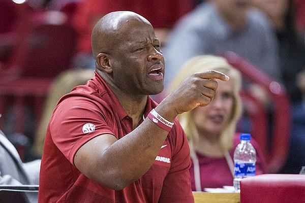Mike Anderson, Arkansas head coach, Friday, Oct. 19, 2018, during the Arkansas Red and White scrimmage at Bud Walton Arena in Fayetteville.