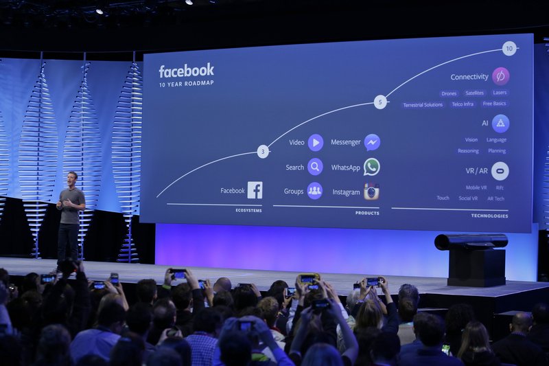 FILE- In this April 12, 2016, file photo, Facebook CEO Mark Zuckerberg talks about the company's 10-year roadmap during the keynote address at the F8 Facebook Developer Conference in San Francisco. Instagram along with Messenger and WhatsApp are serving as the social media giant&#x2019;s insurance policy for a future that might not be dominated by its flagship service. (AP Photo/Eric Risberg, File)