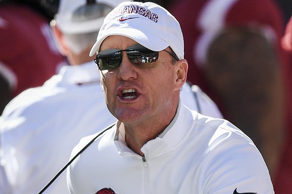 Arkansas coach Chad Morris talks during a game against Tulsa on Saturday, Oct. 20, 2018, in Fayetteville. 