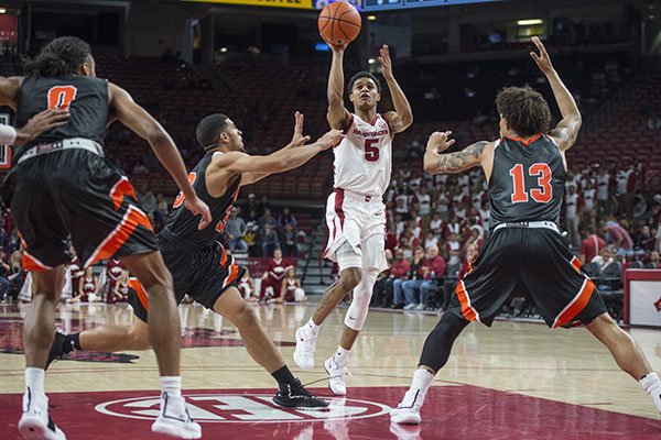 Arkansas guard Jalen Harris drives to the basket during an exhibition game against Tusculum on Friday, Oct. 26, 2018, in Fayetteville. Arkansas guard Jalen Harris drives to the basket during an exhibition game against Tusculum on Friday, Oct. 26, 2018, in Fayetteville.