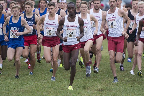 Arkansas' Gilbert Boit leads the pack during the Chile Pepper Festival on Saturday, Sept. 22, 2018, in Fayetteville.