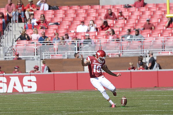 Arkansas kicker Connor Limpert kicks off during a game against Tulsa on Saturday, Oct. 20, 2018, in Fayetteville. 