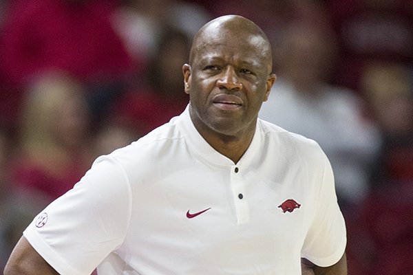 Mike Anderson, Arkansas head coach, in the first half vs Tusculum Friday, Oct. 26, 2018, during an exhibition game in Bud Walton Arena in Fayetteville.
