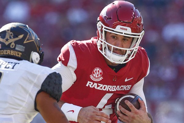 Arkansas quarterback Ty Storey carries the ball during a game against Vanderbilt on Saturday, Oct. 27, 2018, in Fayetteville. 