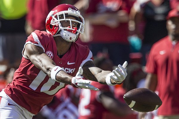 Arkansas receiver Jordan Jones reaches for a ball during the third quarter of a game against Vanderbilt on Saturday, Oct. 27, 2018, in Fayetteville. The pass was incomplete. 