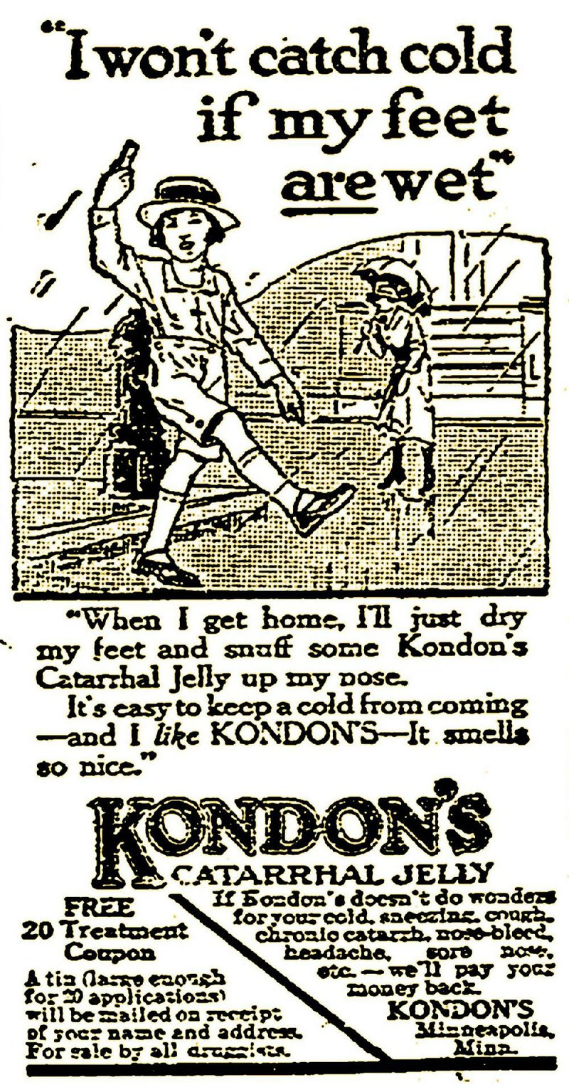 During the flu pandemic of October 1918, newspaper ads like this claimed that snuffing petroleum jelly up the nose would prevent disease. 