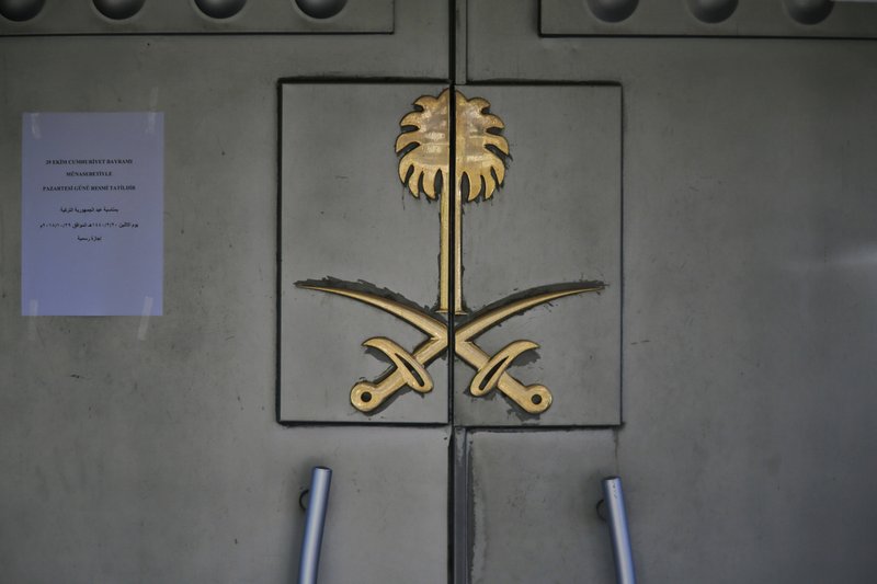 The entrance to Saudi Arabia's consulate in Istanbul, Sunday, Oct. 28, 2018. The post to the left, notifies in Turkish and Arabic that the consulate will remain closed Oct. 29 because of national holiday in Turkey. Saudi Arabia's attorney general is scheduled to arrive in Turkey on Sunday to hold talks with investigators looking into the slaying of Saudi writer Jamal Khashoggi, who was killed in the kingdom's Istanbul consulate earlier this month. (AP Photo/Lefteris Pitarakis)