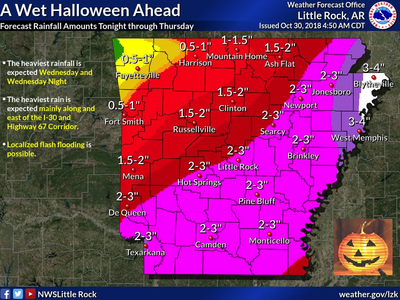 Forecasters predict heavy rain to fall Wednesday night on Halloween.