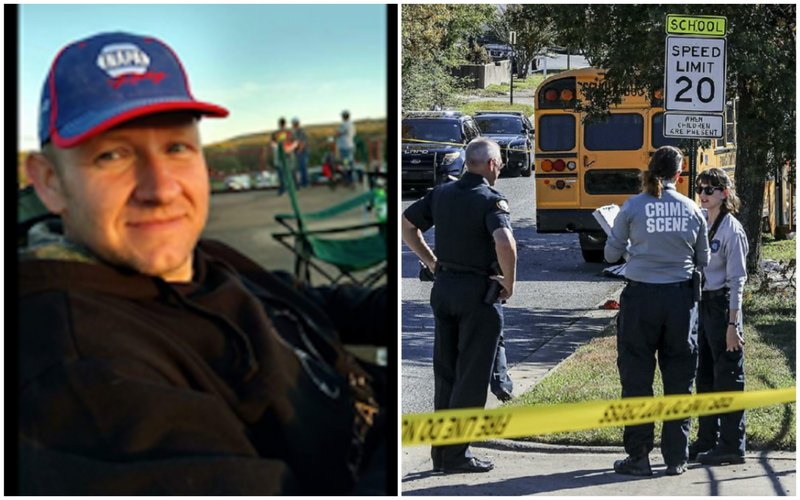 At left, Jason Johnson is shown in a photo released by the Pulaski County Special School District. At right, police investigate the scene of a bus accident that killed Johnson on Monday in Little Rock.