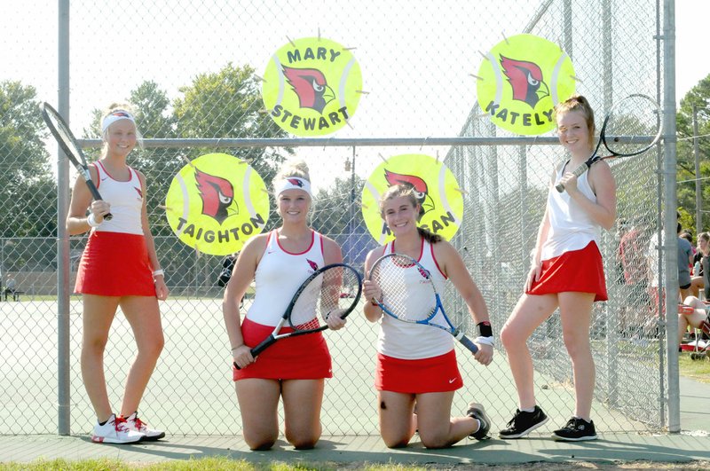 MARK HUMPHREY ENTERPRISE-LEADER Farmington tennis celebrated senior night on Tuesday, Sept. 18, 2018, during matches against Shiloh Christian. Farmington seniors (from left): Taighton Pettigrew, Mary Stewart Beard, Reagan White, and Katelyn Cunningham, were playing their final home matches. White placed second at district in girls singles to qualify for state. She defeated Brenlee Barton, of Pottsville, in the first-round, 6-1, 6-2; then lost to Via Bruffett, of Pulaski Academy, 7-6, 6-1, in the tournament quarterfinal. White finished with a 10-6 record.