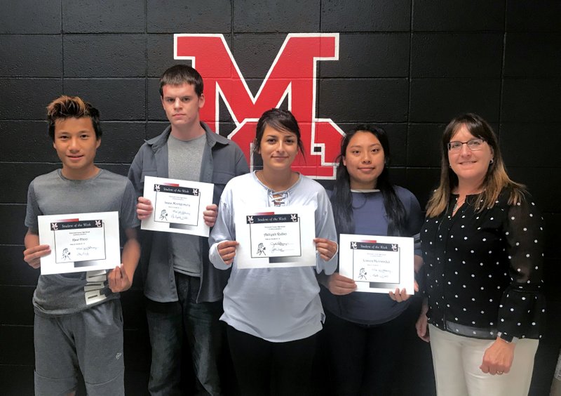 Photo Submitted MCHS Students of the Week for Oct. 22-26, 2018, are ninth-grader Kaw Htoo (left), 10th-grader Isaac Montgomery, 11th-grader Aayliah Rubio, 12th-grader Jessica Hernandez, and Mrs. Holloway.