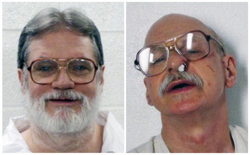  This combination of file photo from the Arkansas Department of Correction shows convicted murderers from left, Bruce Ward and Jack Greene. The Arkansas Supreme Court on Thursday, Nov. 1, 2018, struck down a law that gives the state's prison director authority to determine whether an inmate is mentally competent to be put to death, siding with the two convicted murderers who were spared from execution last year. Justices ruled that the competency law violated due process rights guaranteed in the Arkansas and U.S. Constitutions. (Arkansas Department of Correction via AP, File)