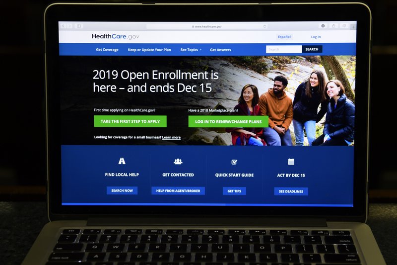 The federal website where consumers can sign up for health insurance under the Affordable Care Act is shown on a computer screen in Washington, Thursday, Nov. 1, 2018. (AP Photo/Susan Walsh)