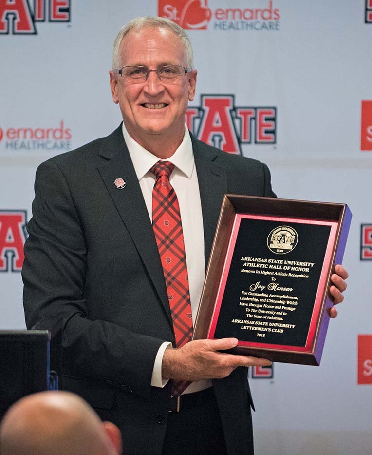 Jay Hansen, who played basketball for Arkansas State University from 1981 to 1984, was inducted into the Arkansas State Hall of Honor on Sept. 21. Hansen is one of 27 players in the Arkansas State men’s basketball program history to reach 1,000 points. He ranks third all-time with 384 career assists, and his 133 career steals rank him seventh in the program.