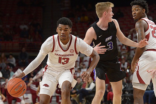 Arkansas Southwest Baptist Friday, Nov. 2, 2018, during the first half of their exhibition game in Bud Walton Arena. Visit nwadg.com/photos to see more photographs from the game.