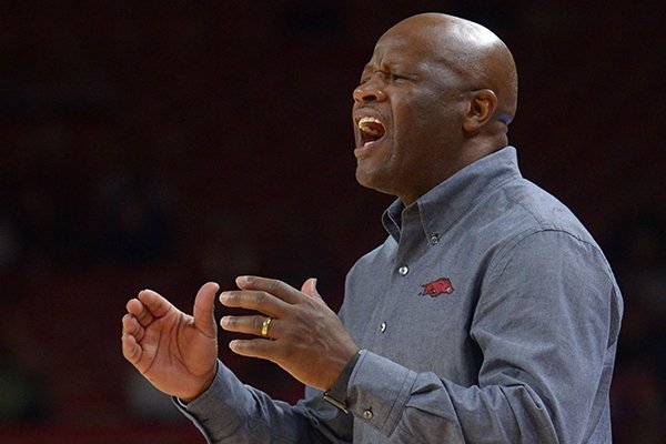 Arkansas coach Mike Anderson directs his players against Southwest Baptist Friday, Nov. 2, 2018, during the second half of their exhibition game in Bud Walton Arena. 