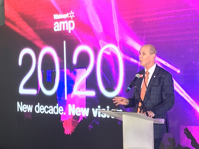 NWA Democrat-Gazette/DAVID GOTTSCHALK Peter Lane, president and CEO of Walton Arts Center speaks Friday at a news conference at the Walmart Arkansas Music Pavilion in Rogers.