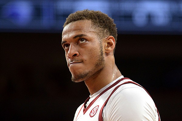 Arkansas forward Daniel Gafford pauses during a break in the Hogs' win over Southwest Baptist Friday, Nov. 2, 2018, during the second half of their exhibition game in Bud Walton Arena. Visit nwadg.com/photos to see more photographs from the game.