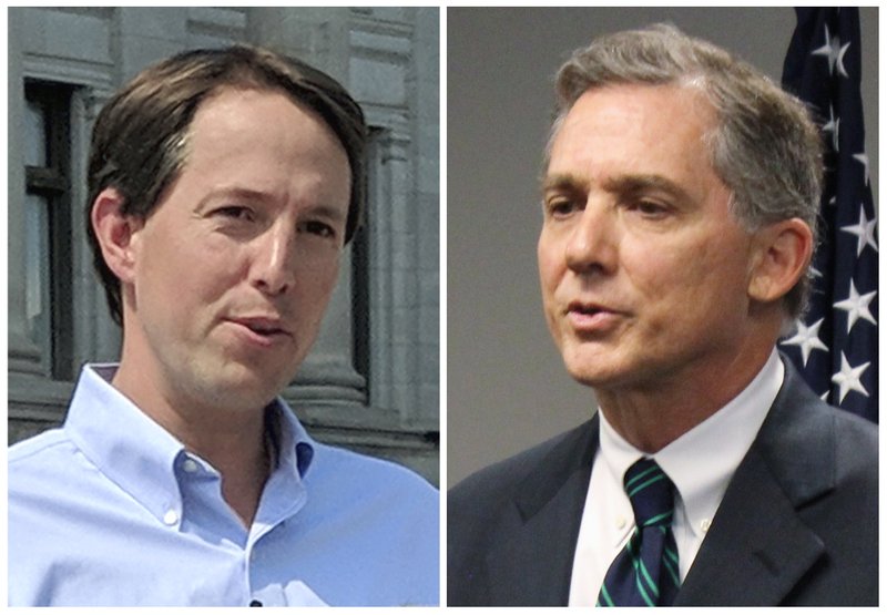 FILE - This combination of 2018 file photos shows Arkansas's 2nd Congressional District candidates in the November 2018 election from left, Democrat Clarke Tucker and incumbent Republican U.S. Rep. French Hill. (AP Photos/File)