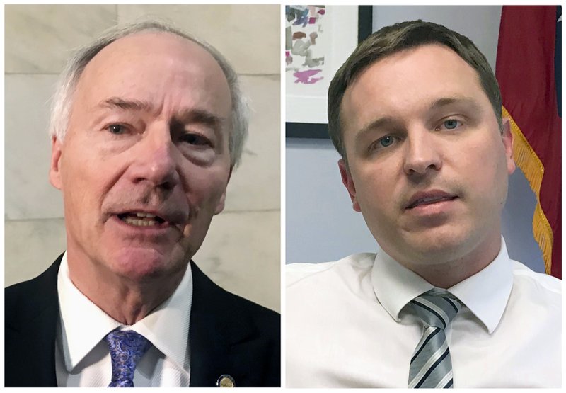 FILE - This combination of file photos shows Republican Arkansas Gov. Asa Hutchinson, left, and Democrat Jared Henderson, his challenger for the governor's seat in the November 2018 election. (AP Photo/Andrew DeMillo, File)