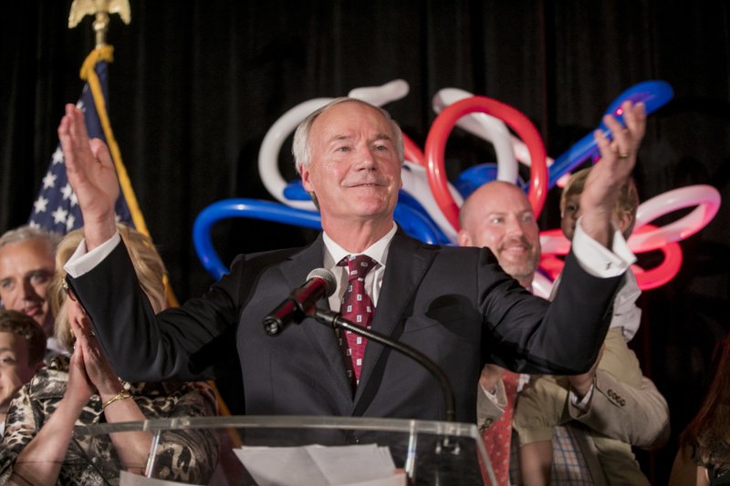 Gov. Asa Hutchinson speaks after his victory was announced at his election night rally Tuesday in Little Rock. (AP Photo/Gareth Patterson)

