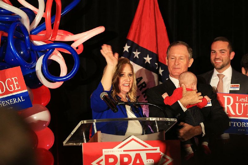Attorney General Leslie Rutledge, joined by husband Boyce Johnson and daughter Julianna, speaks to supporters Tuesday night at a watch party in Little Rock. 