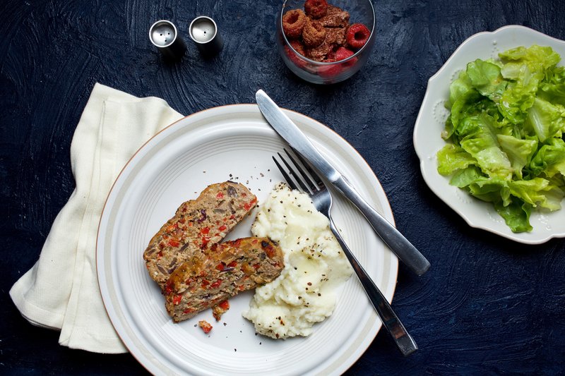 For The Washington Post/DEB LINDSEY Confetti Meatloaf with Creamy Garlic Mashed Cauliflower and Butter Lettuce With Shallot Vinaigrette