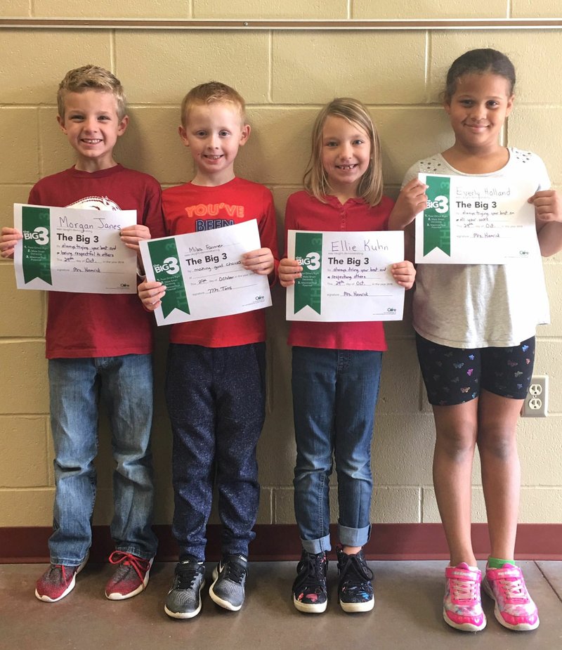 Photo submitted The Big 3 October Round-Up award winners for first grade were Morgan Janes (left), Miles Farmer, Ellie Kuhn and Everly Holland. Not pictured is Mila Davis.