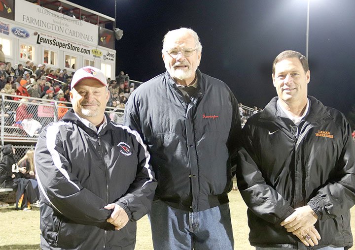 LYNN KUTTER ENTERPRISE-LEADER These three Farmington football coaches represent 34 years of football seasons at Allen Holland Field in Farmington. Bryan Law, left, served as coach 1999-2003, Allen Holland from 1969-1991 and Jay Holland from 1992-1998. Farmington varsity football played its last home game at Holland Field on Friday night.