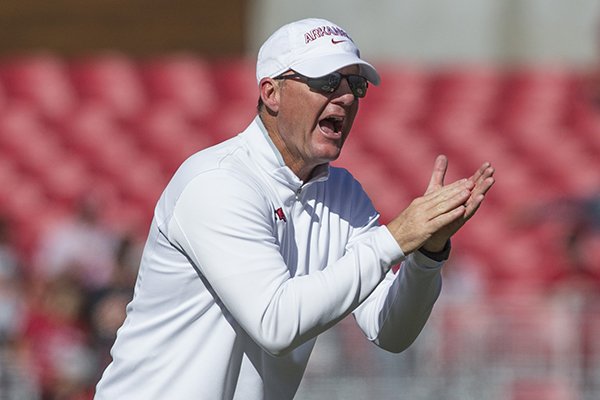 Arkansas coach Chad Morris encourages players during the fourth quarter of a game against Vanderbilt on Saturday, Oct. 27, 2018, in Fayetteville. 