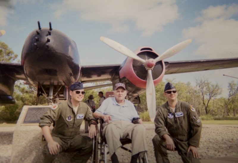 Bob Kehres, then 102, of Magnolia (middle) at an October 2018 Dyess AFB reunion near Abilene, Texas, with two current Air Force pilots and a Douglas A-20 “Havoc” bomber.