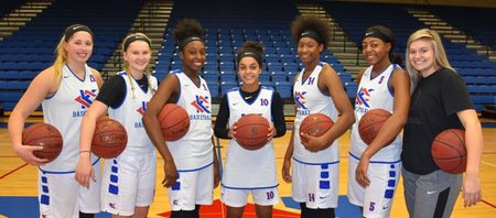 Former Magnolia Lady Panthers Kisi Young (third from left) and Lillie Moore (second from right) are again playing major roles for the Kansas City Kansas Community College Lady Blue Devils. After three wins to start the season, Moore is averages 17.0 points per outing and Young 15.2 points.