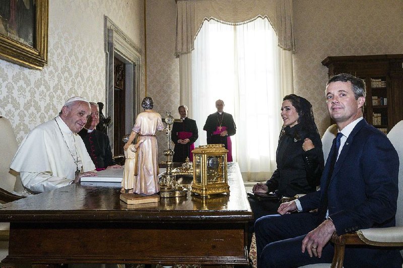 Pope Francis meets Thursday with Danish Crown Prince Frederik and his wife, Crown Princess Mary, at the Vatican. 