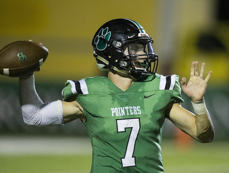 NWA Democrat-Gazette/BEN GOFF @NWABENGOFF Van Buren's Christian Morrow delivers a pass throws in the fourth quarter against Siloam Springs on Friday, Sept. 14, 2018, at Citizens Bank Stadium in Van Buren. Morrow has been a threat with the run or pass and has even caught some passes this season and has helped the Pointers get back to the playoffs after a long absence.