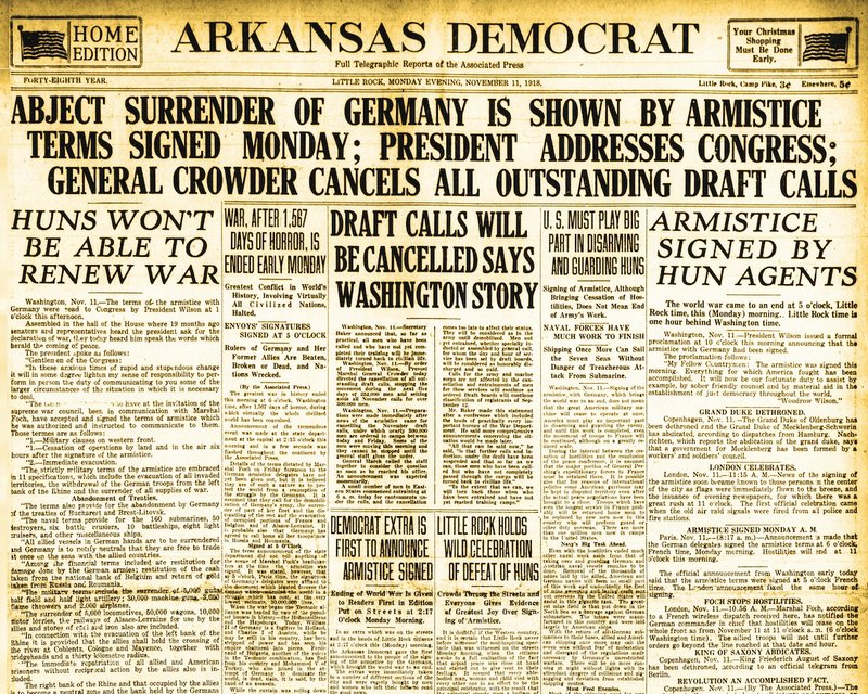 Front page of the Nov. 11, 1918, Arkansas Democrat (an afternoon newspaper)
