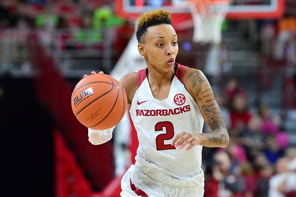 Arkansas guard Alexis Tolefree dribbles the ball during a game against Northwestern State on Friday, Nov. 9, 2018, in Fayetteville. 