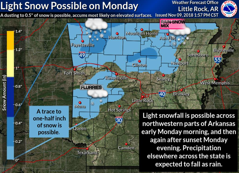 Light snow is possible across northwest Arkansas on Monday.